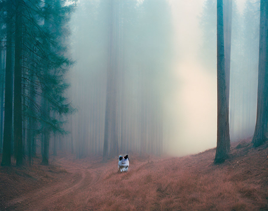 Lone dog in misty pine forest with trail and soft light.