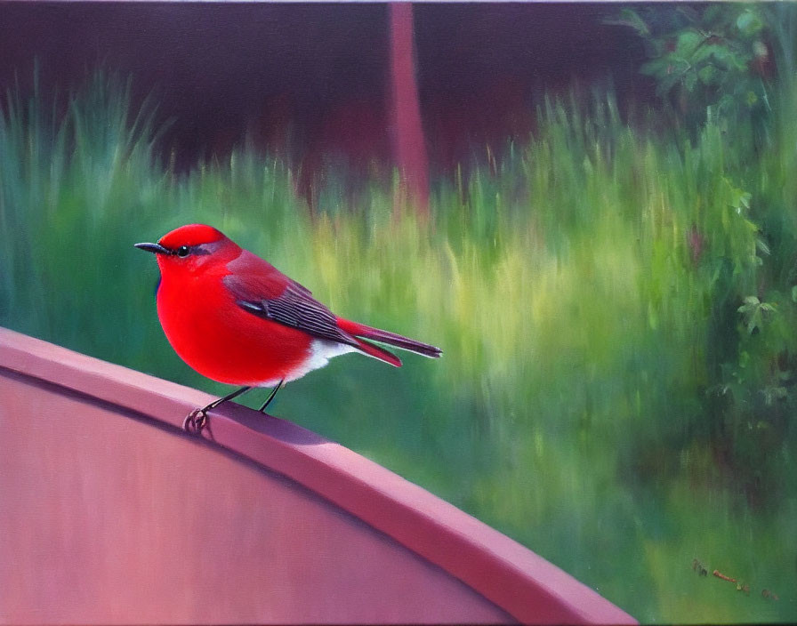 Vivid red bird perched on brown railing with blurred green foliage