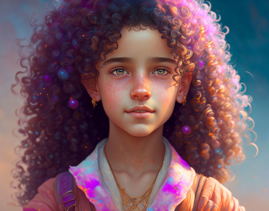 Young girl with curly hair and freckles in warm light and whimsical details