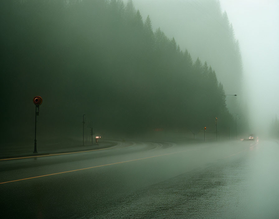 Foggy road with street lights, traffic sign, and approaching vehicle.