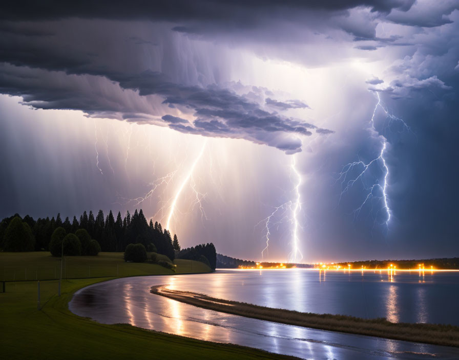 Thunderstorm with Lightning Bolts Over Curved Road by Lake