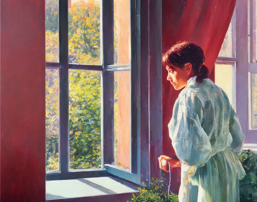 Woman in Blue Dress by Open Window on Sunny Day with Green Foliage