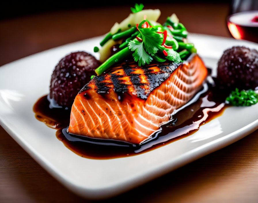 Grilled Salmon Fillet with Glaze and Purple Spheres on White Plate