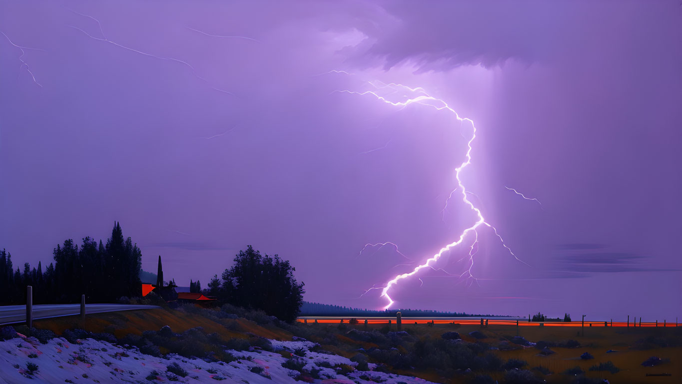 Vivid purple sky lightning storm with bright bolt near road