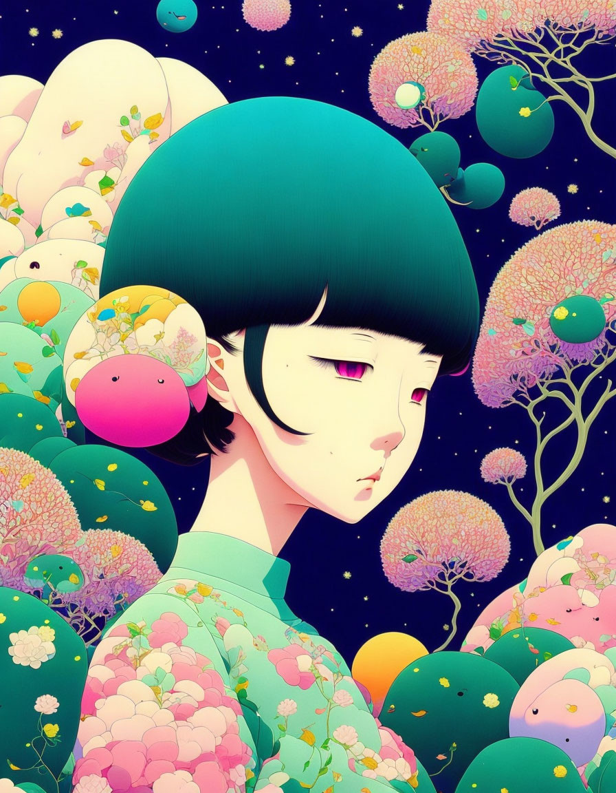 Person with Bob Haircut in Colorful Forest with Fruit-Like Elements