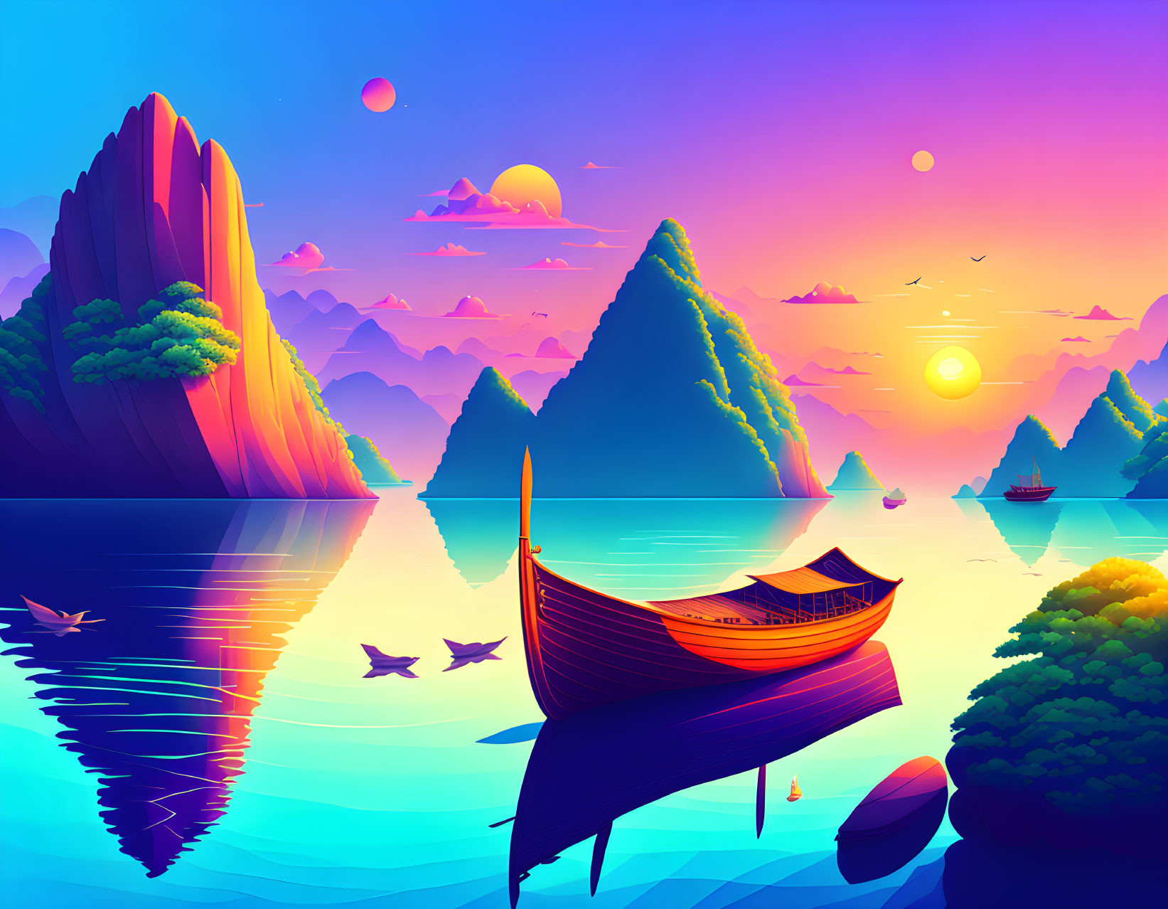 Colorful sunset landscape with mountains, lake, boat, and birds