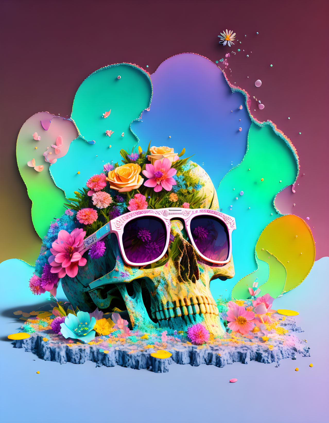 Colorful Skull with Flowers and Sunglasses in Paint Splatter Scene