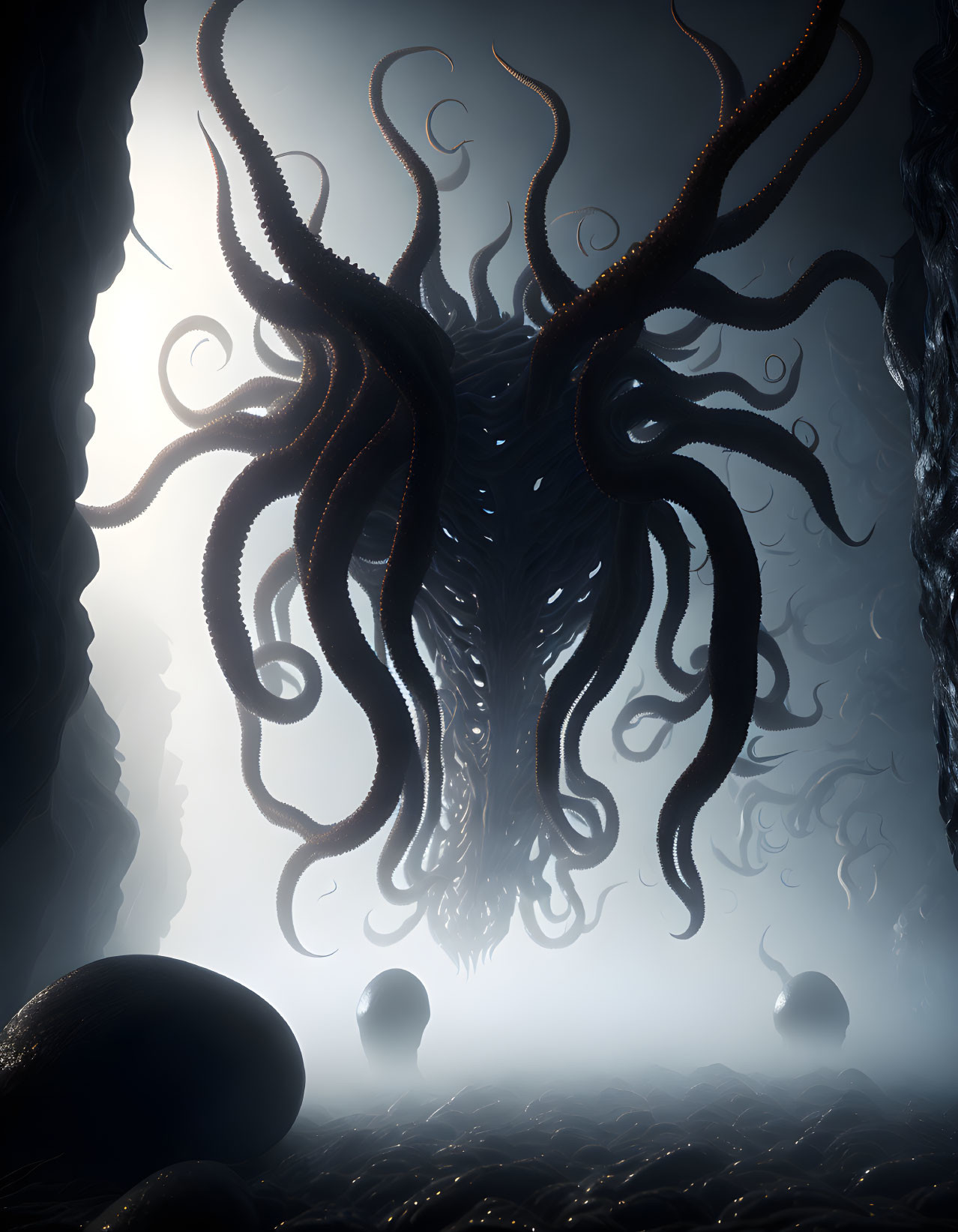 Mysterious tentacled creature in foggy cave setting