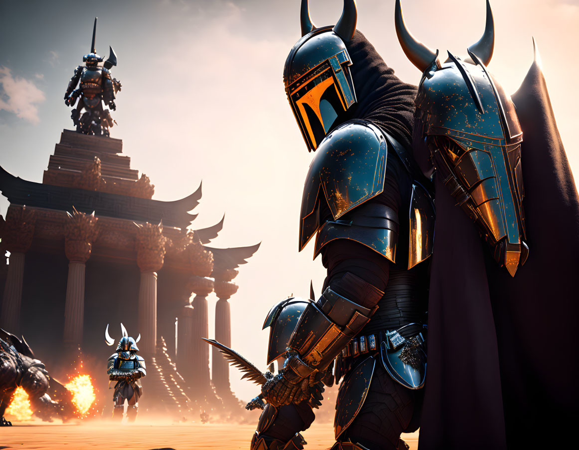 Three futuristic armored warriors in ancient temple setting with dramatic sky and flames.