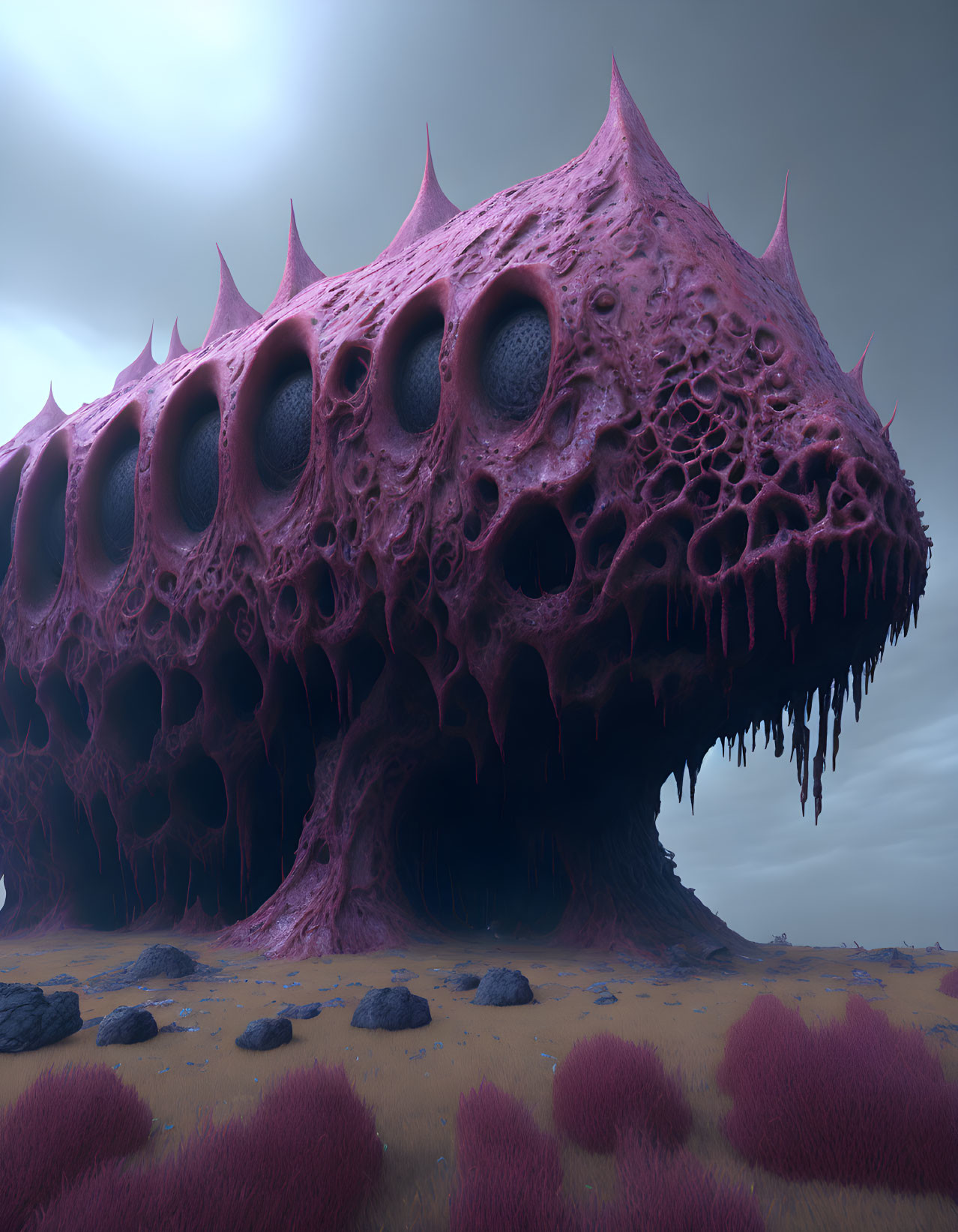 Alien landscape with eerie organic structure and eye-like openings