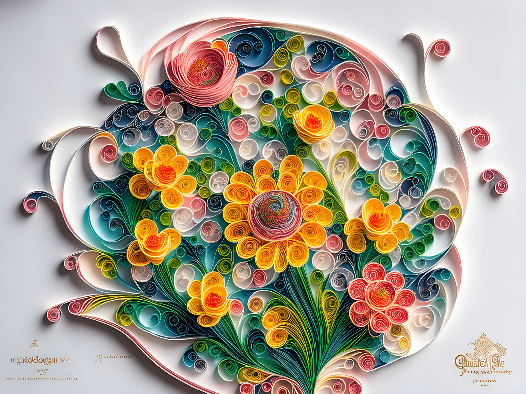 Vibrant paper quilling floral design in skillet-shaped frame