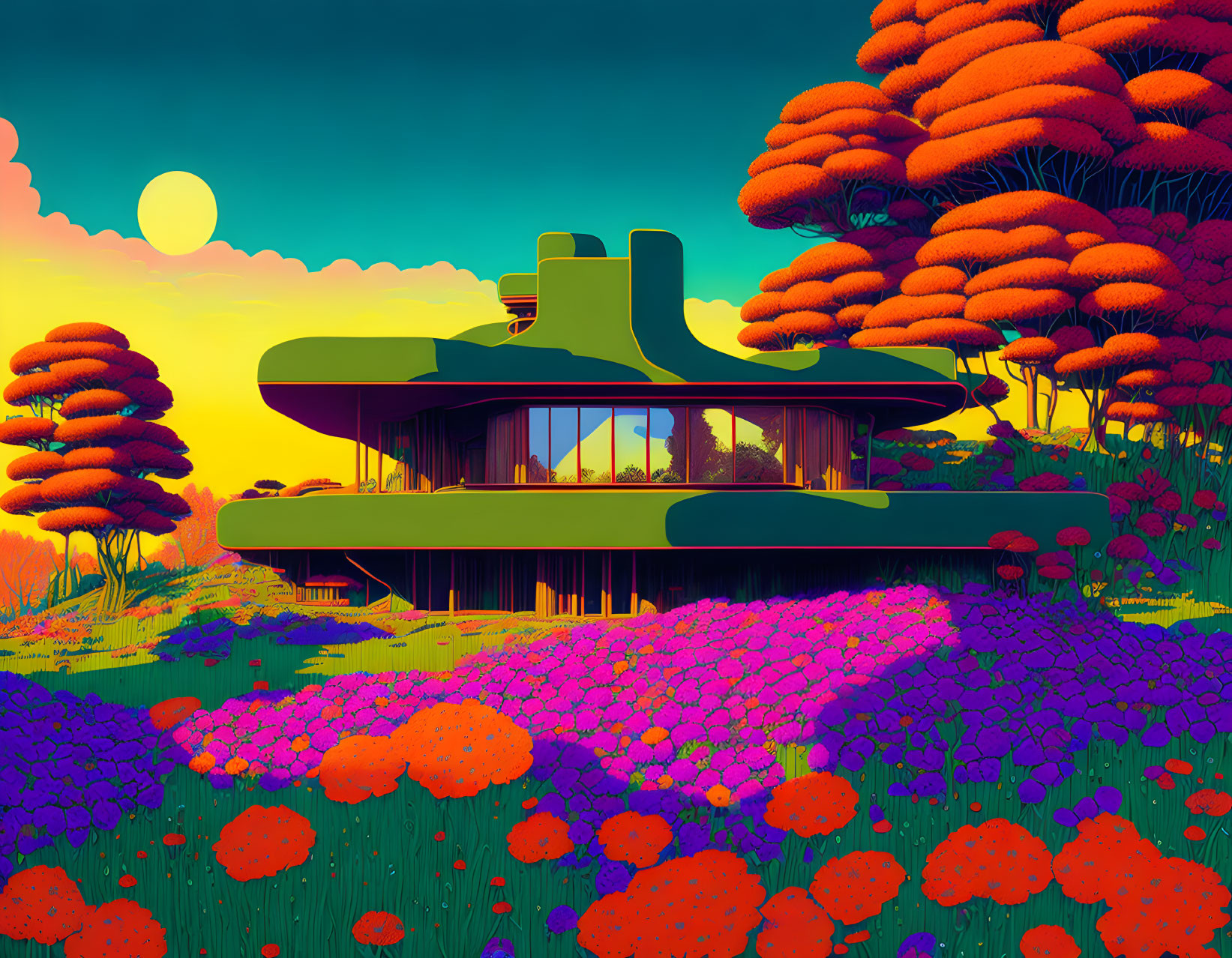 Surreal landscape with futuristic house, orange trees, purple sky, large sun