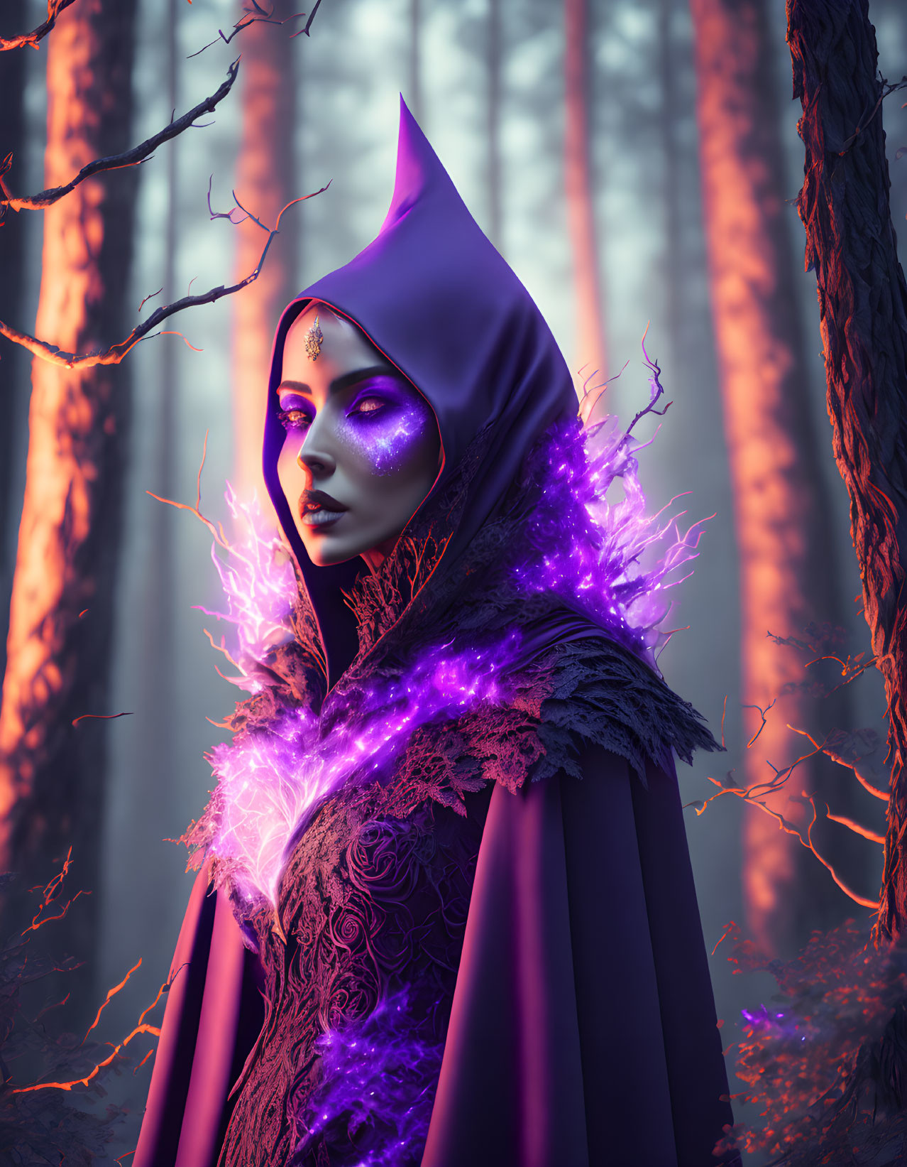 Mystical figure in purple cloak with glowing energy in twilight forest