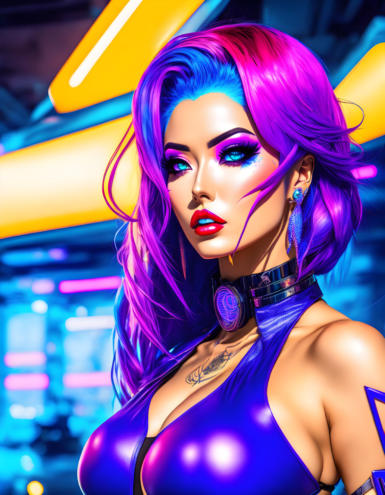 Colorful digital artwork: woman with pink hair, blue eyes, neon makeup on futuristic blue backdrop
