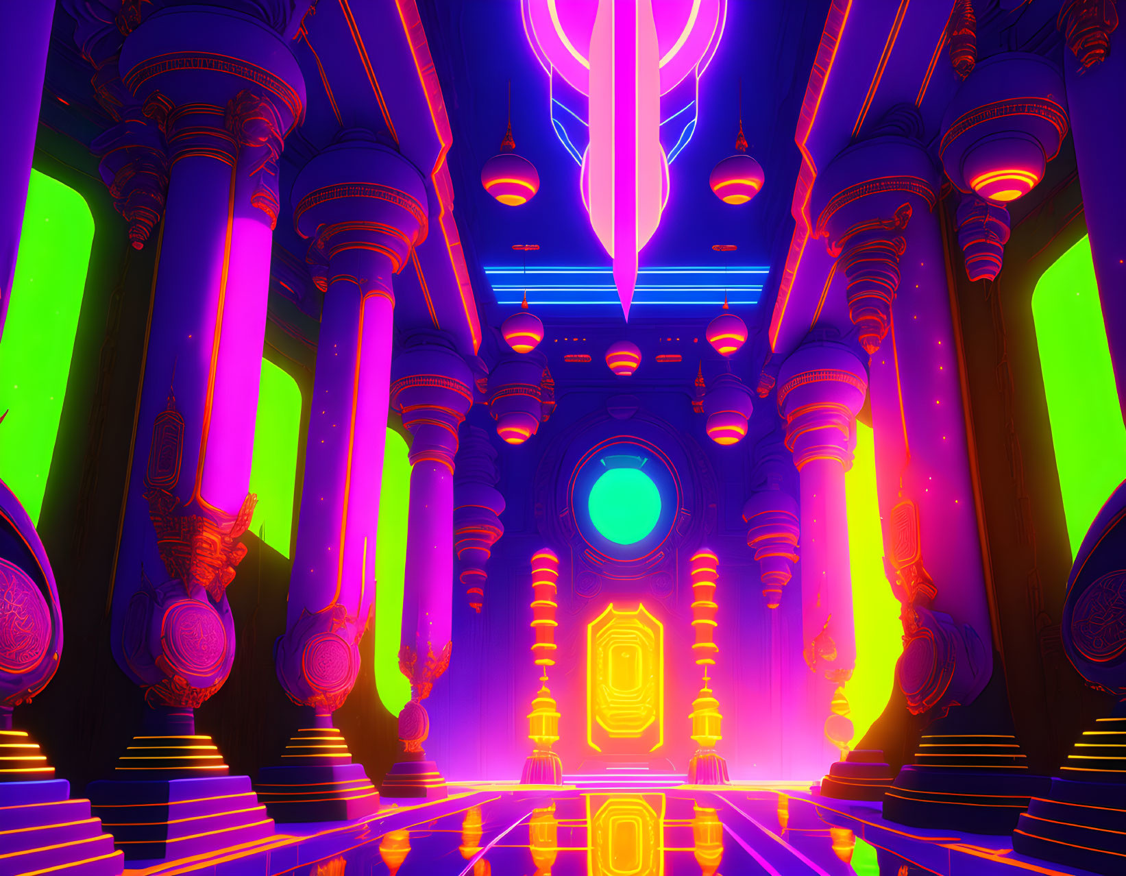 Neon-lit temple with blue and purple hues and glowing orb