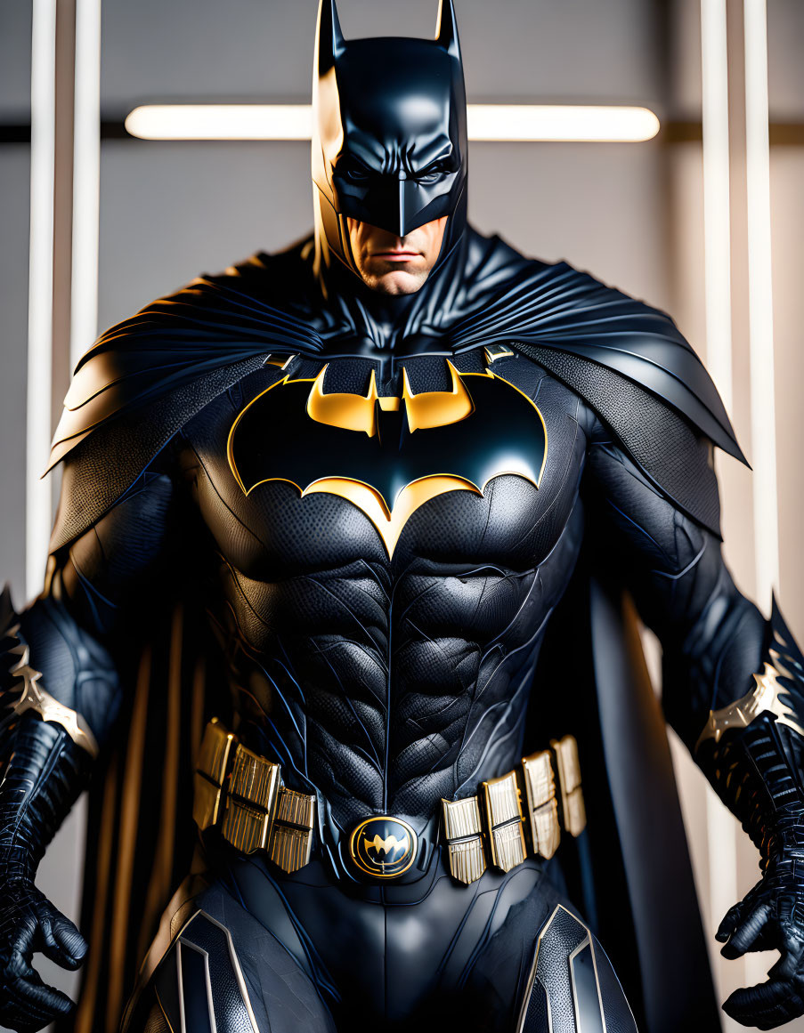 Detailed Batman Figure with Modern Suit Design and Bat Emblem against Backlit Background