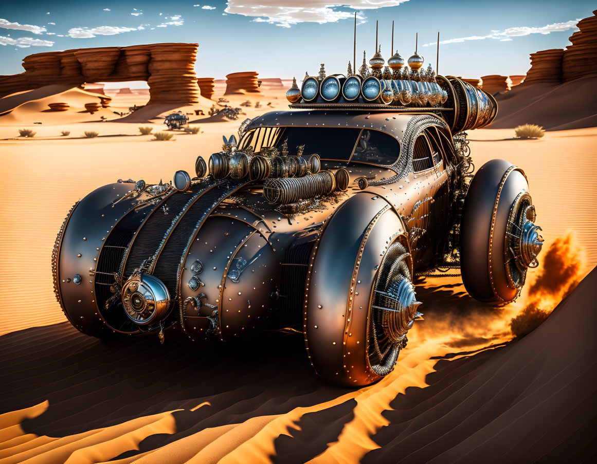 Futuristic vehicle with oversized tires racing in desert landscape