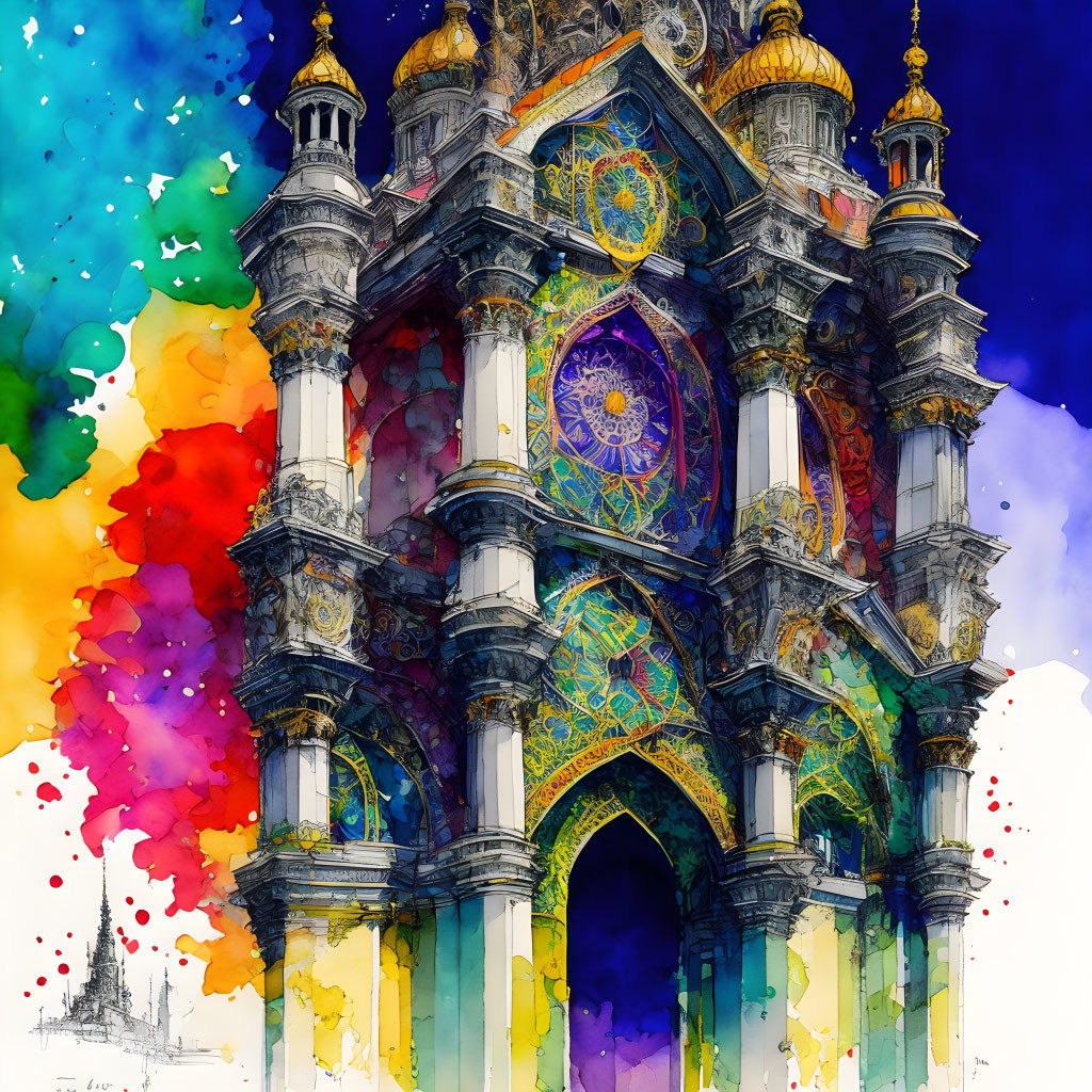 Colorful Watercolor Illustration of Ornate Architectural Structure