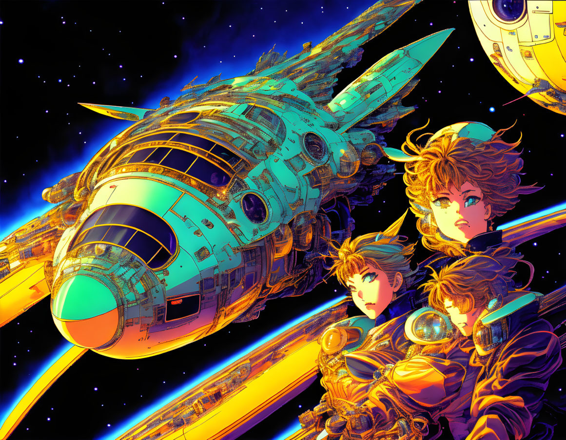 Detailed sci-fi illustration: two characters in spacesuits, spaceship, starry cosmos