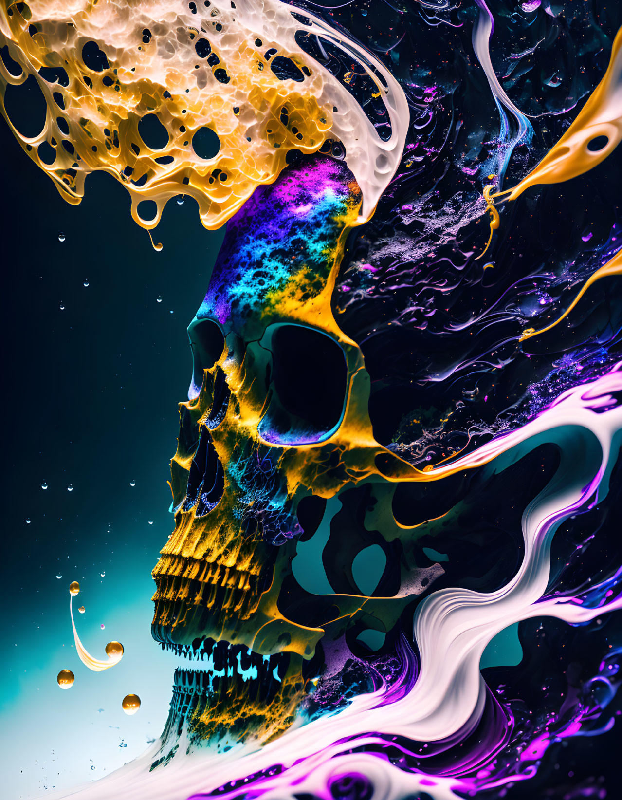 Colorful Abstract Skull Shape with Melting Textures on Dark Background