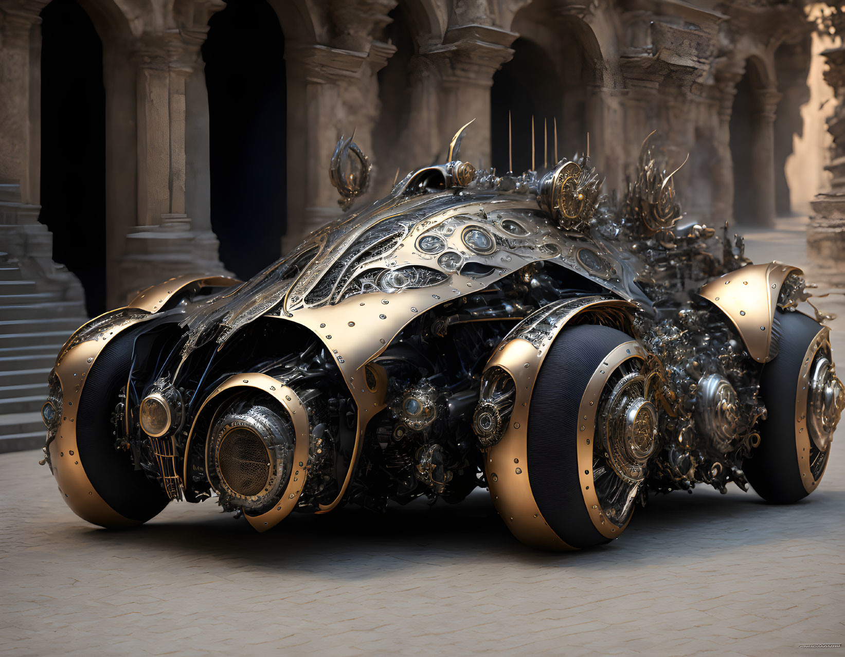 Detailed Steampunk-Inspired Vehicle with Metallic Designs and Golden Accents