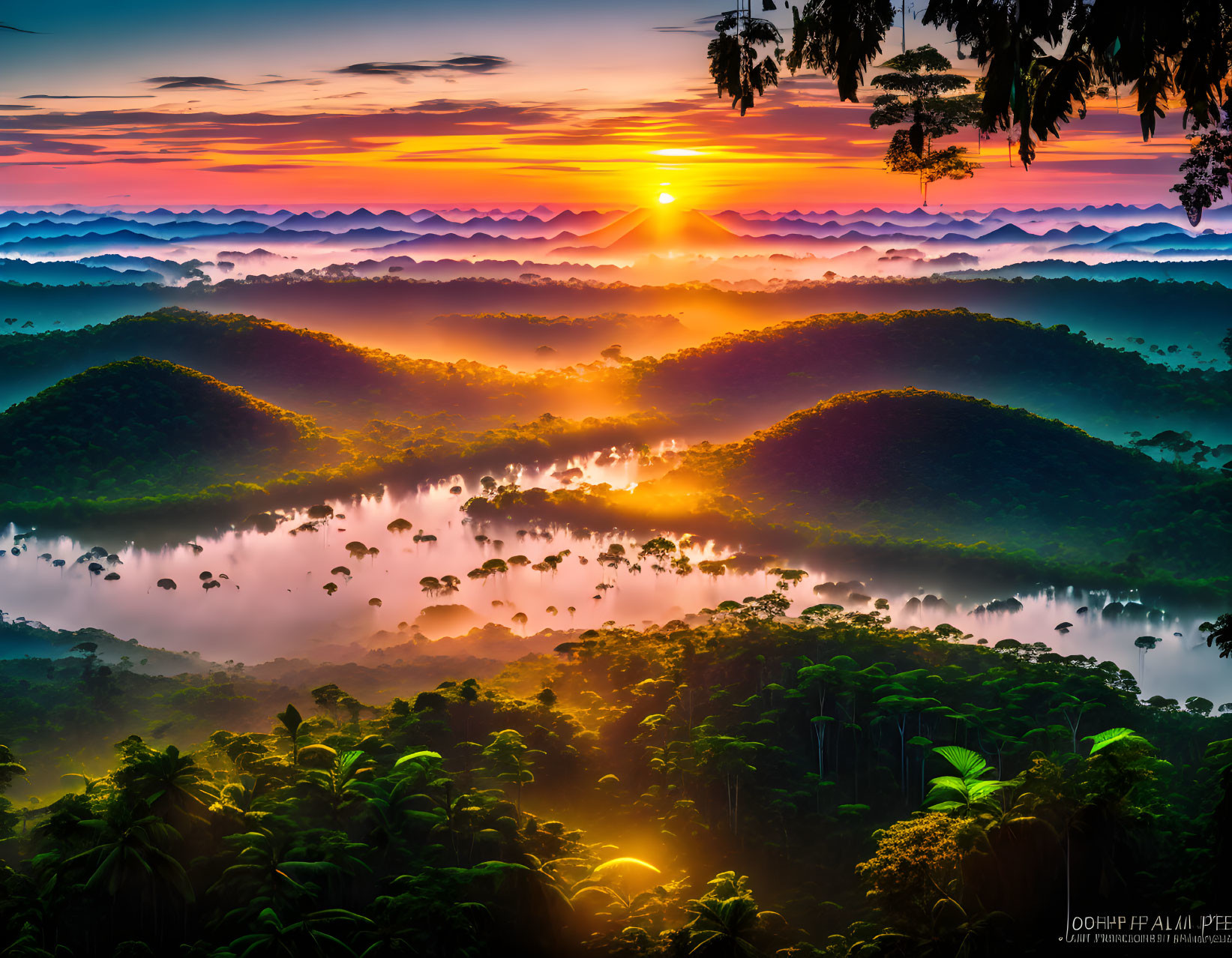 Misty Hills at Sunrise with Tropical Forest and Vibrant Sky