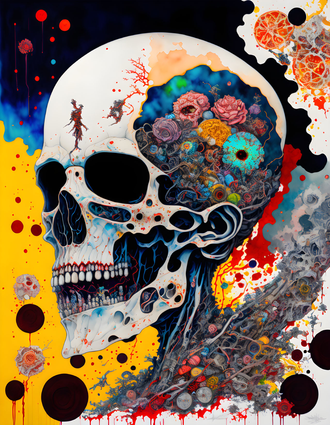 Colorful surrealist skull art with floral brain and splattered background