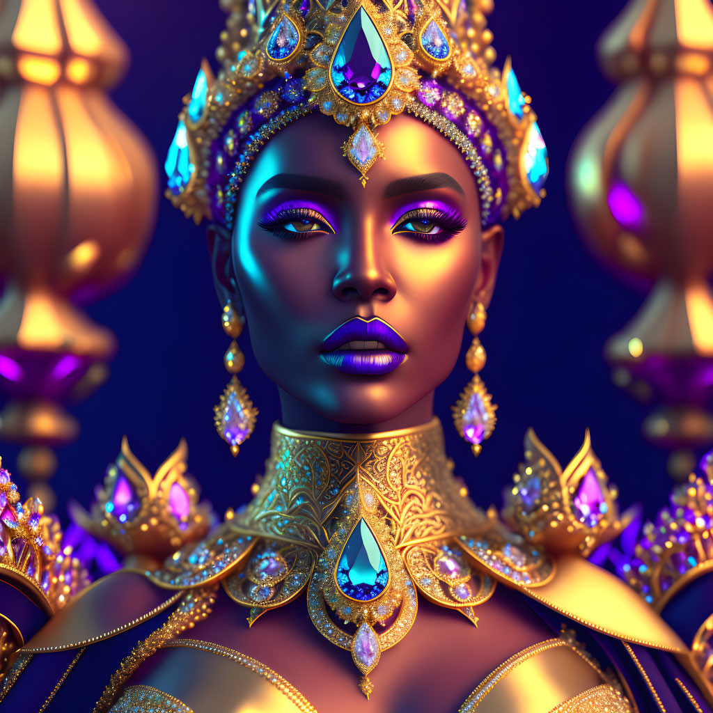 Regal woman in gold and jewels on blue backdrop