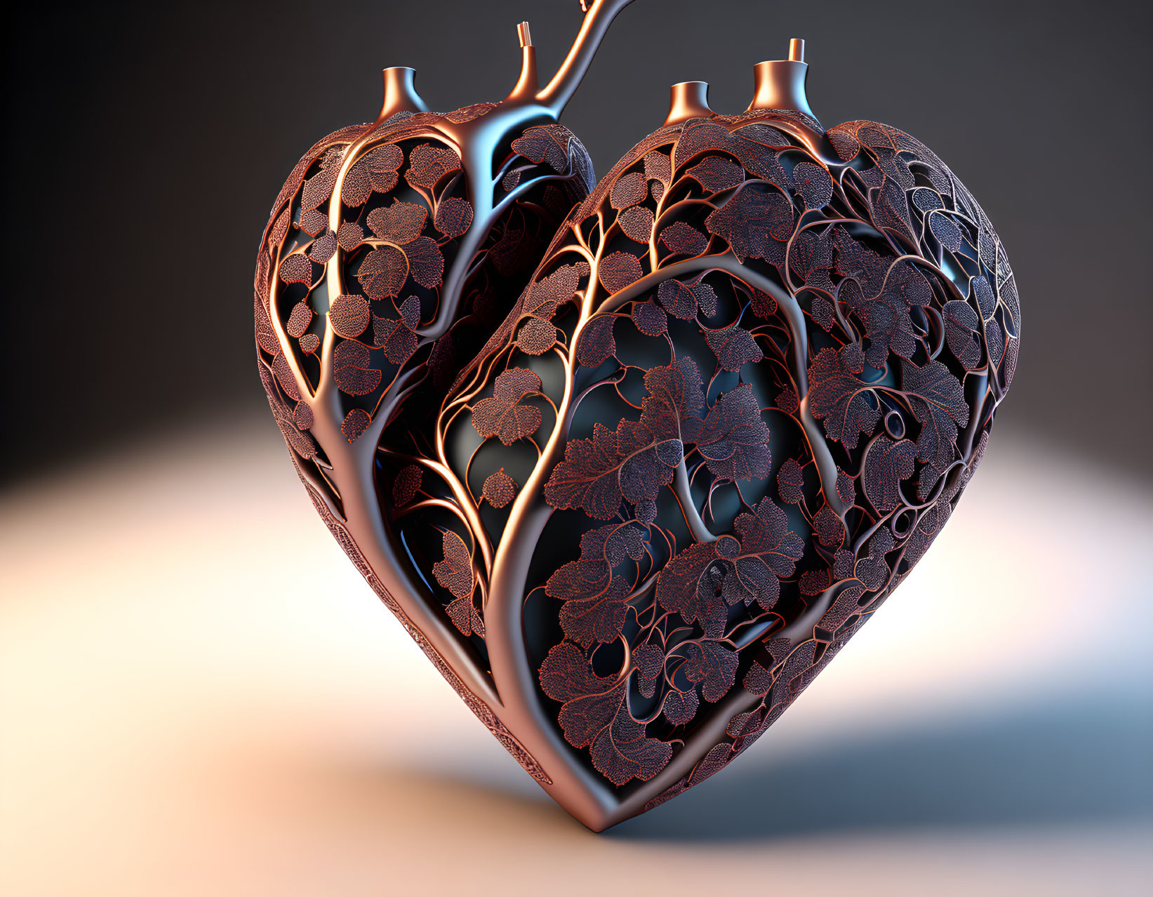 Anatomical heart with floral patterns in 3D render