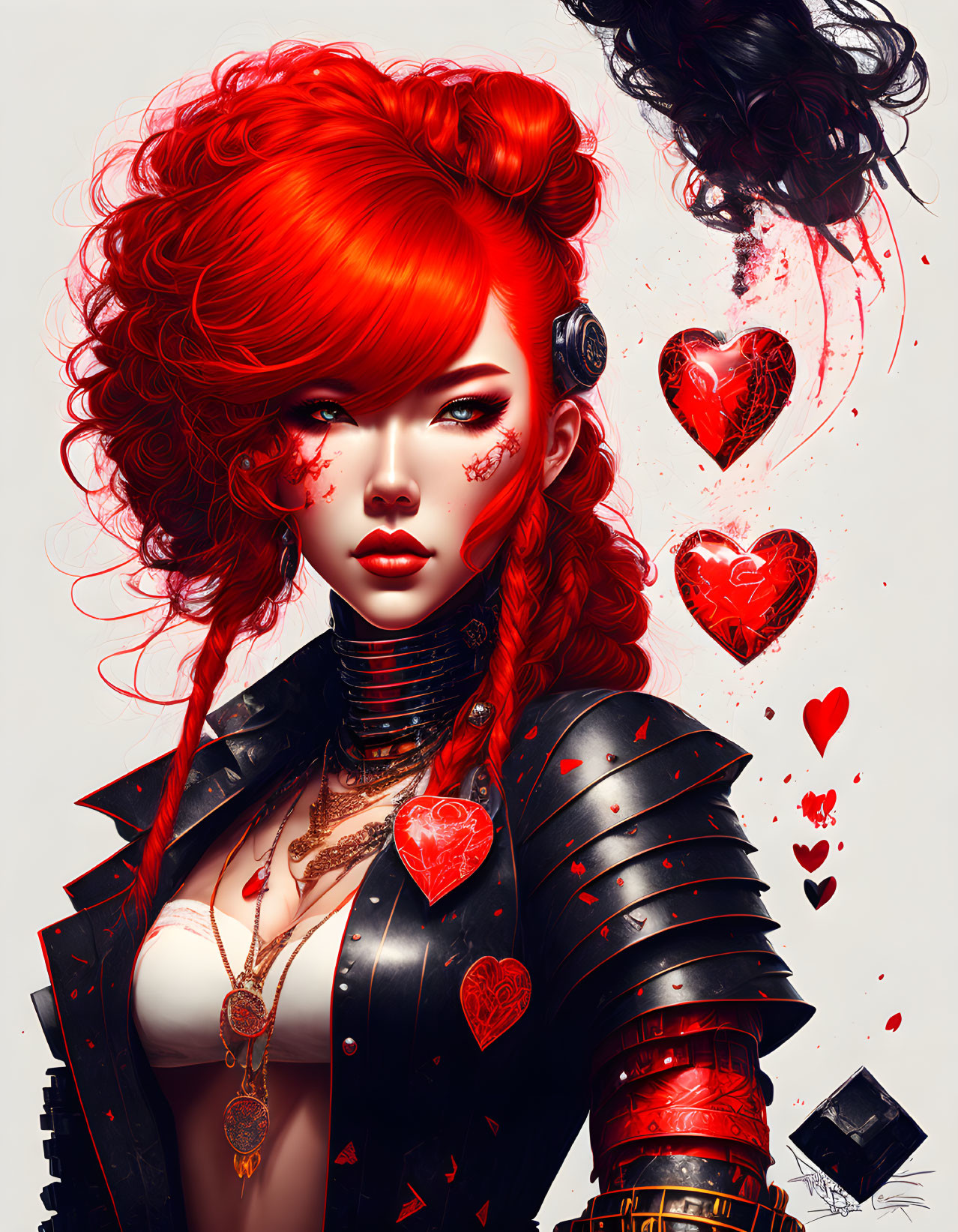 Red-haired woman in dark armor with heart motifs and key necklace