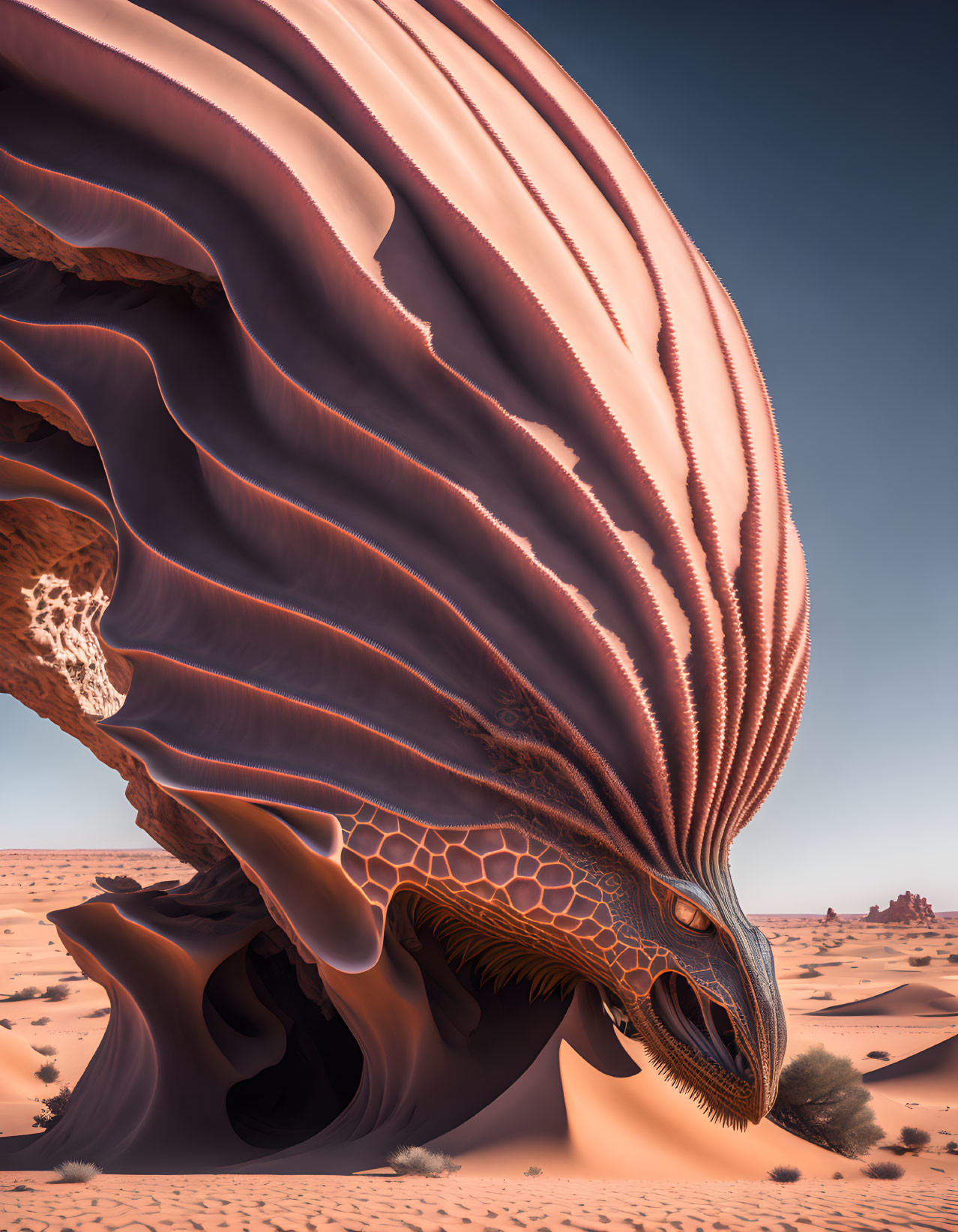 Fantastical desert creature with flowing carapace and reptilian head in sandy dunes