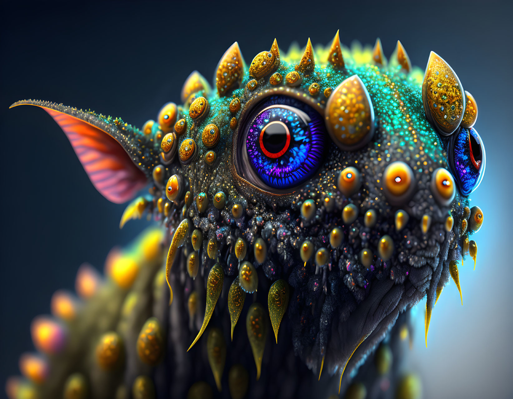 Colorful Fantastical Creature with Multiple Eyes and Iridescent Scales