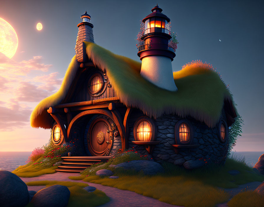 Thatched-Roof Cottage and Lighthouse Illustration at Twilight