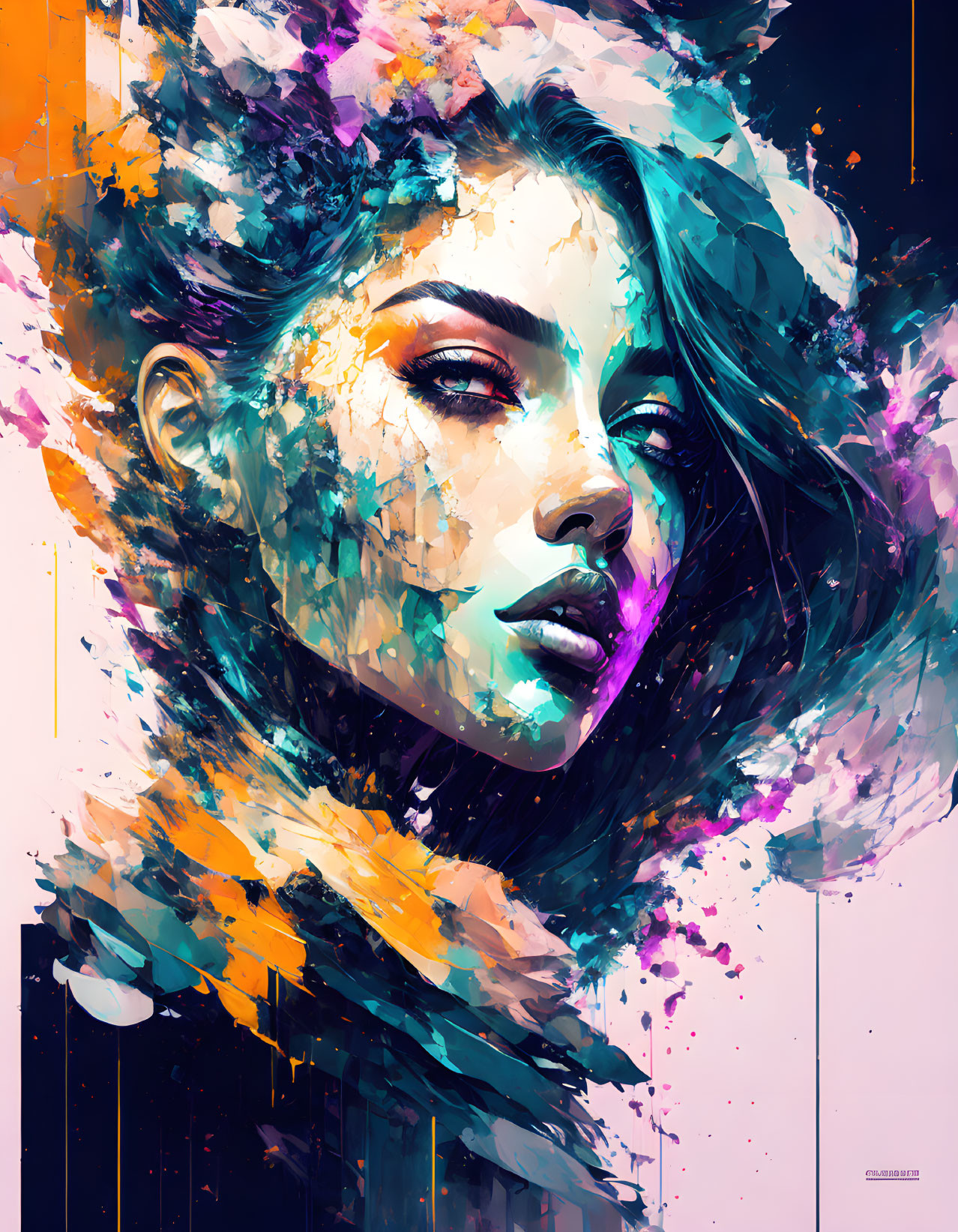 Colorful digital portrait of a woman with flowing hair and paint splatters