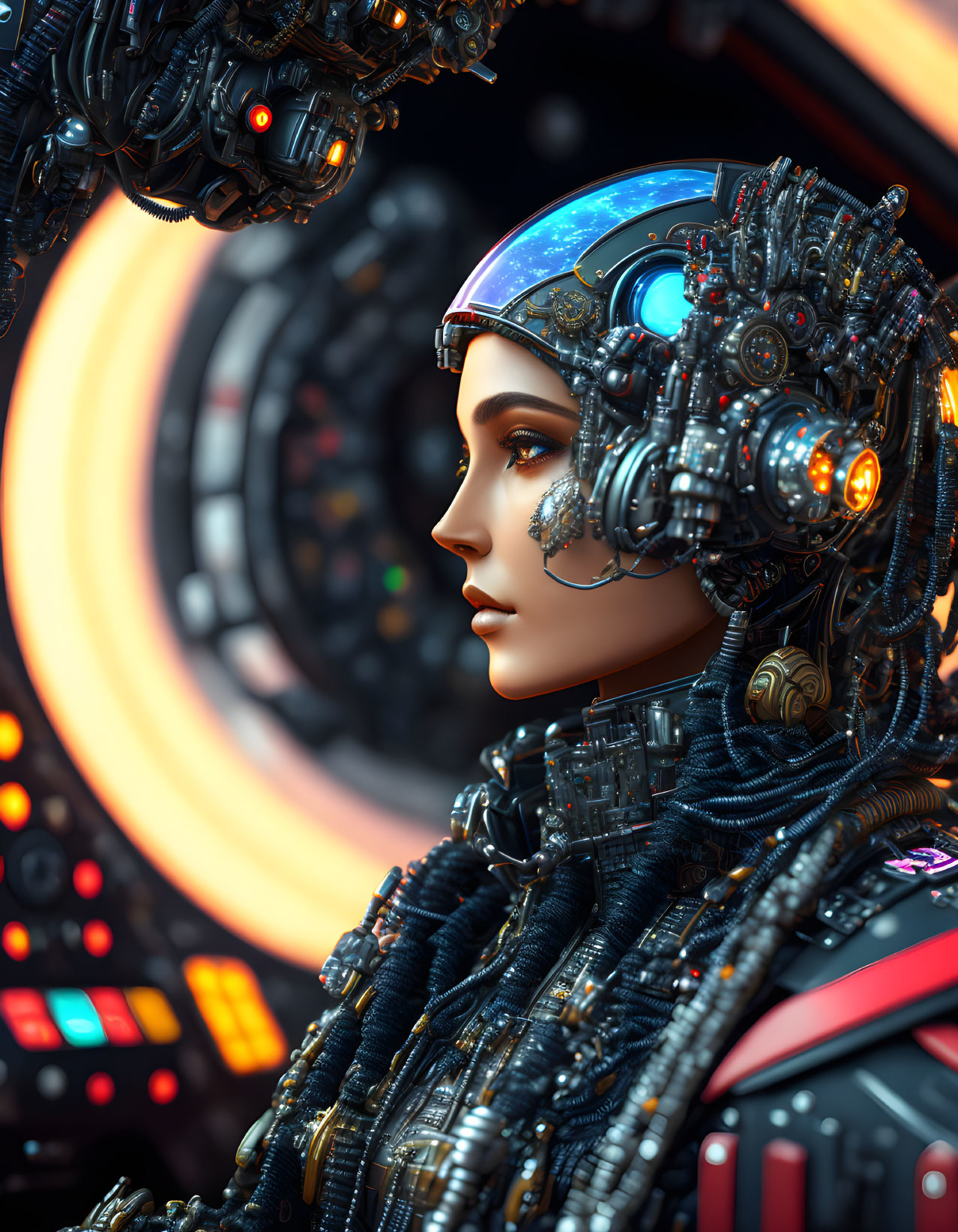 Detailed Female Android with Cybernetic Enhancements and Helmet at Control Panel