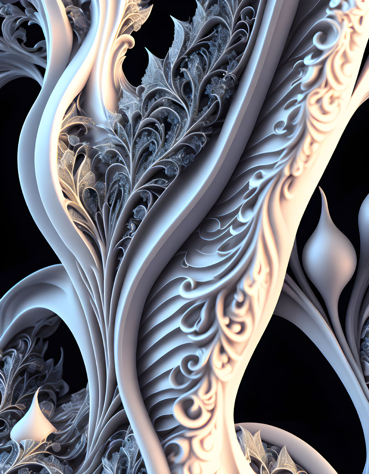 Intricate Blue and White Fractal Leaf Patterns