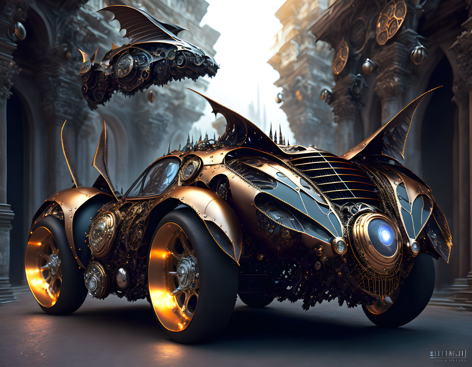 Detailed Steampunk Futuristic Car in Grandiose Hall