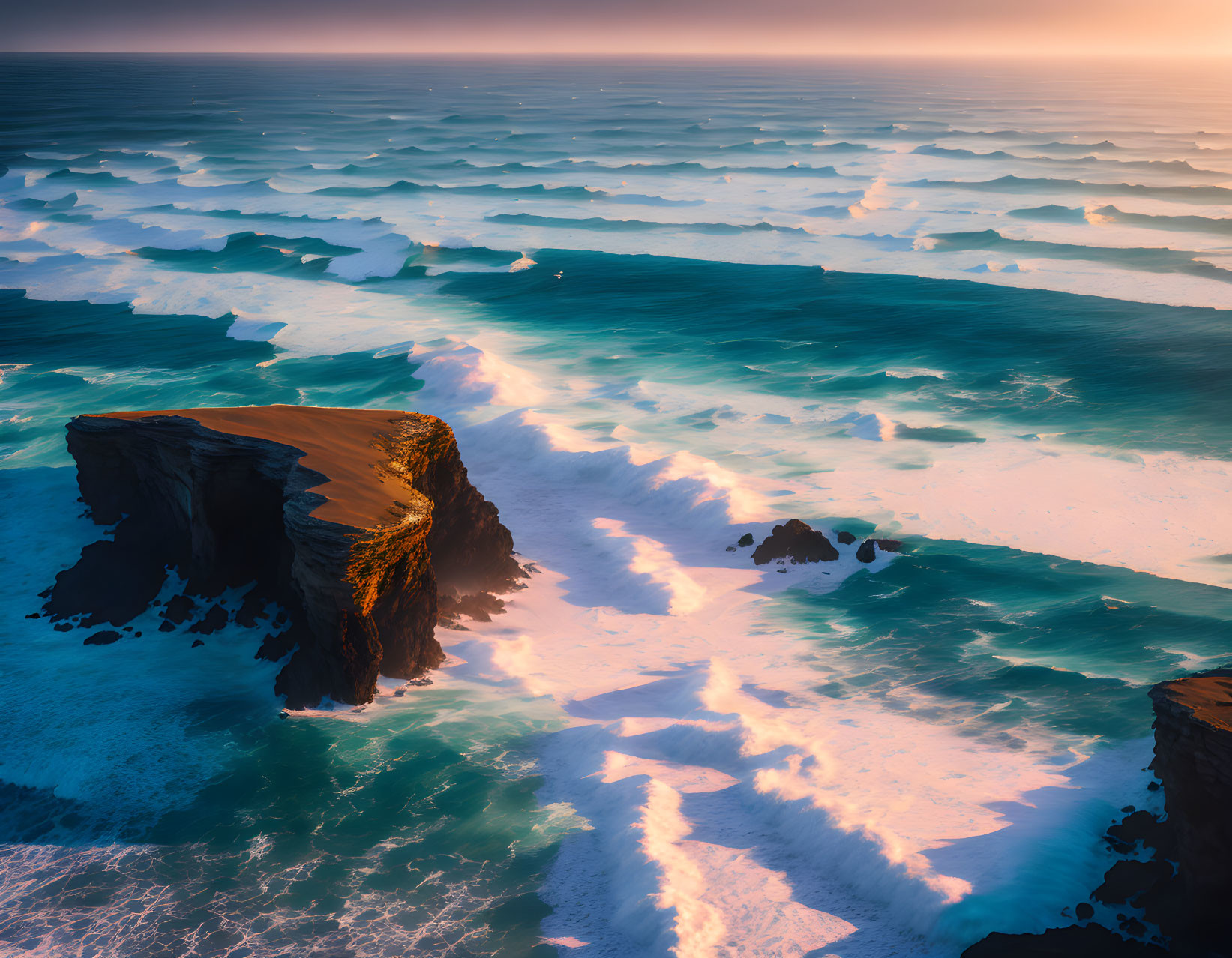 Scenic sunrise aerial view of rugged cliff and sea waves