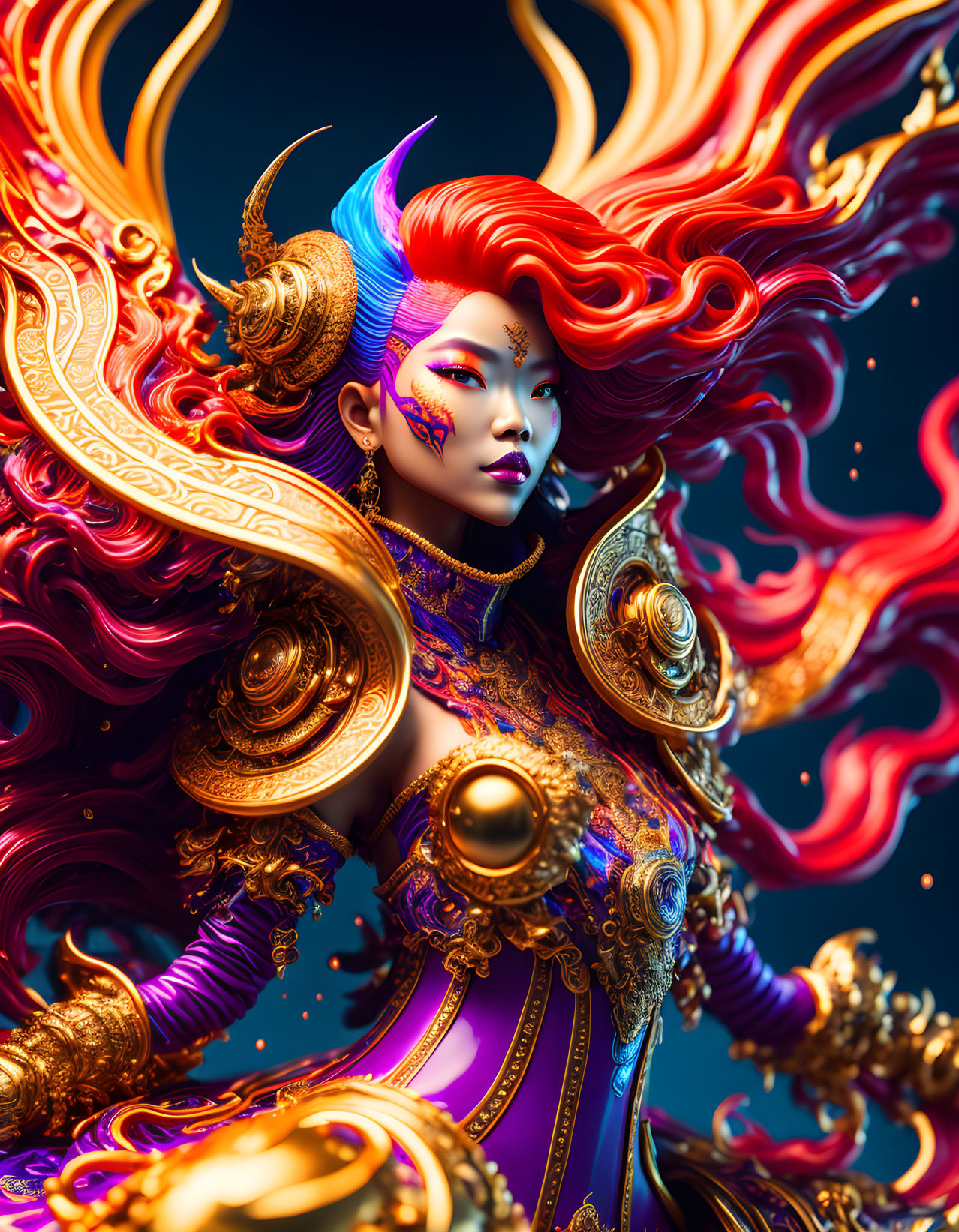 Digital Art: Fantastical Female Character with Red Hair and Golden Armor