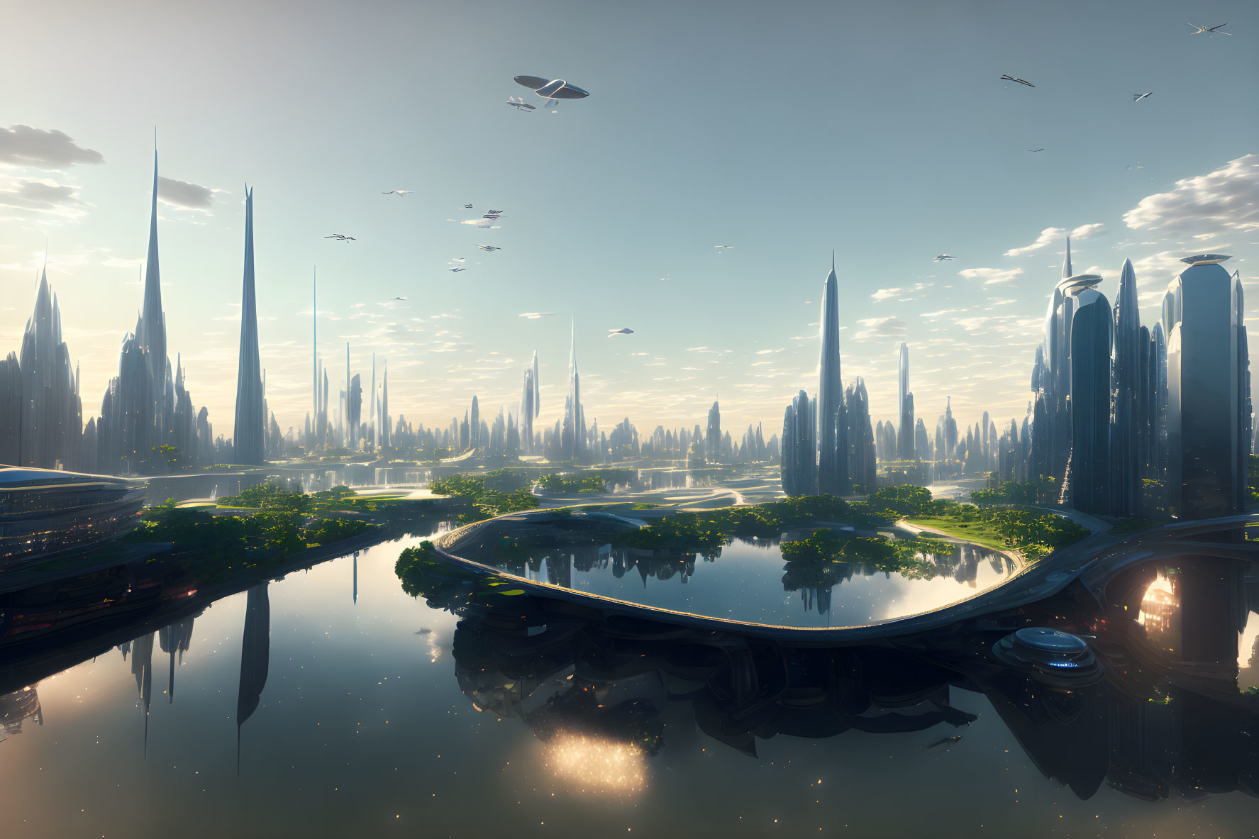 Futuristic cityscape with skyscrapers, waterways, greenery, and flying vehicles