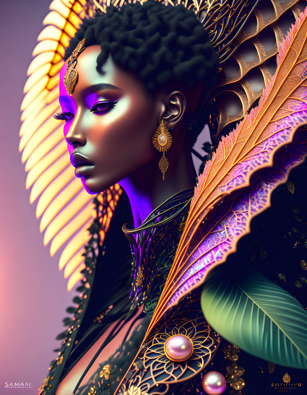 Intricate golden headdress and jewelry on woman portrait in purple, gold, and green palette