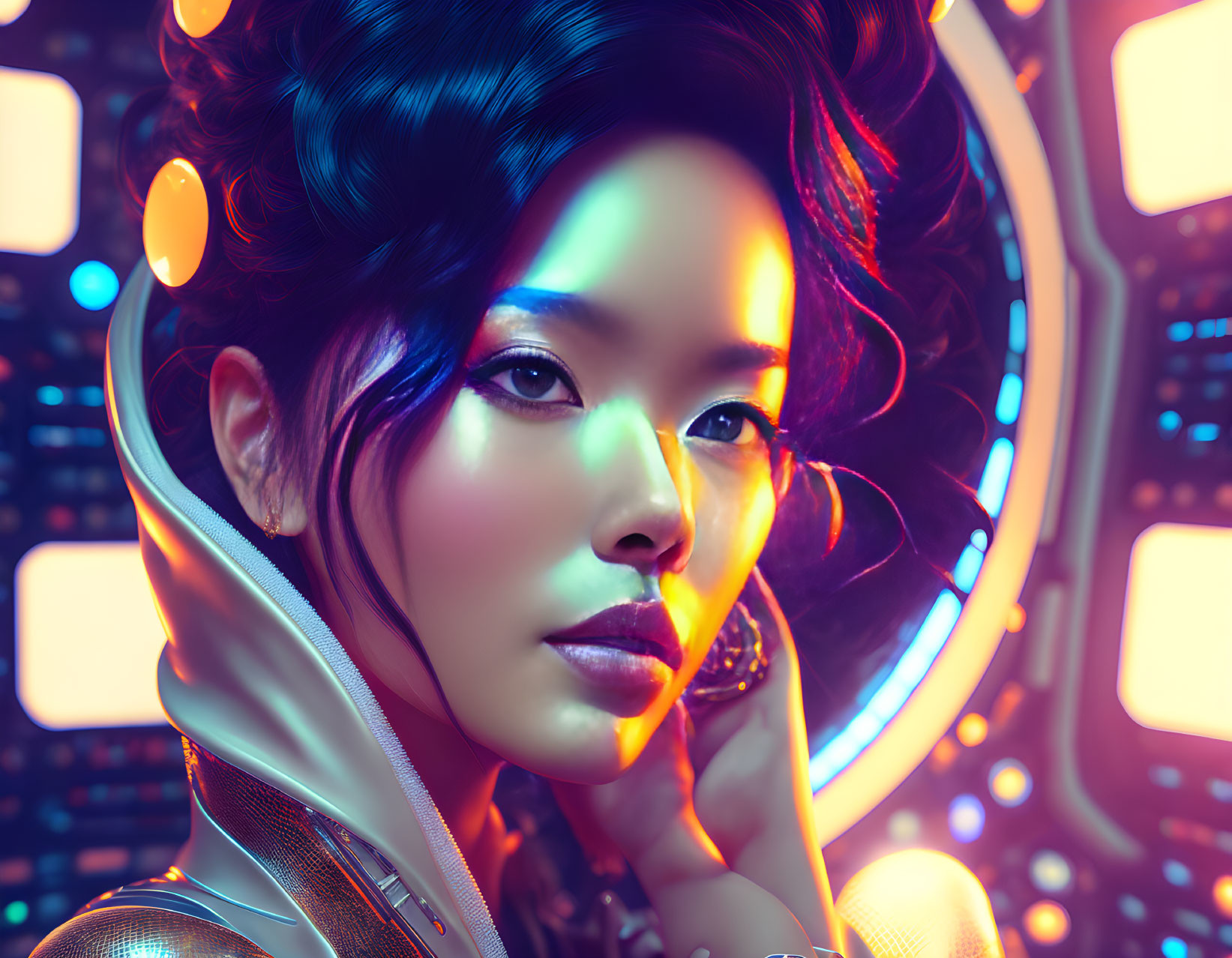 Futuristic portrait of woman in white costume with stylized hair & makeup