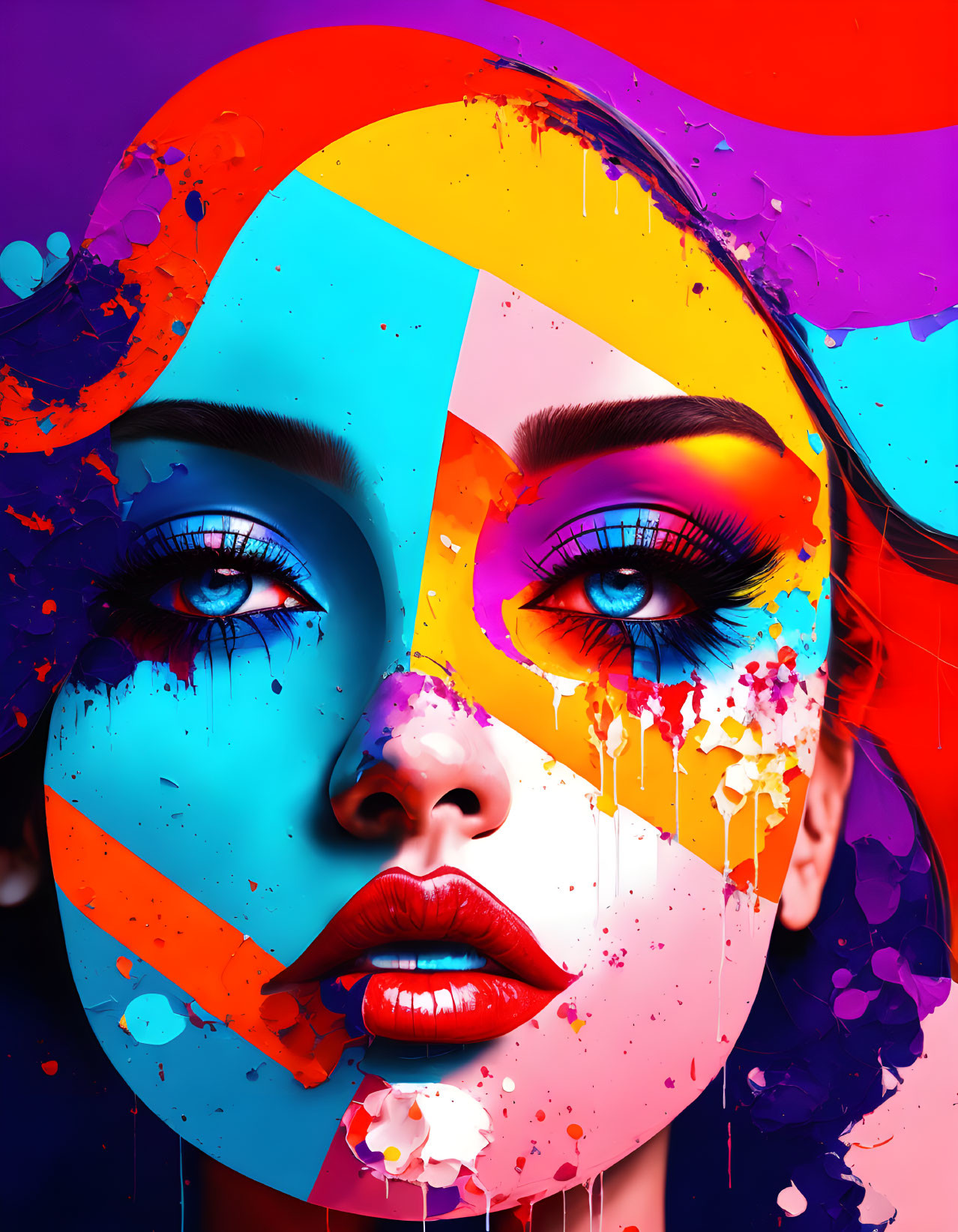 Multicolored face digital portrait with dripping paint effect