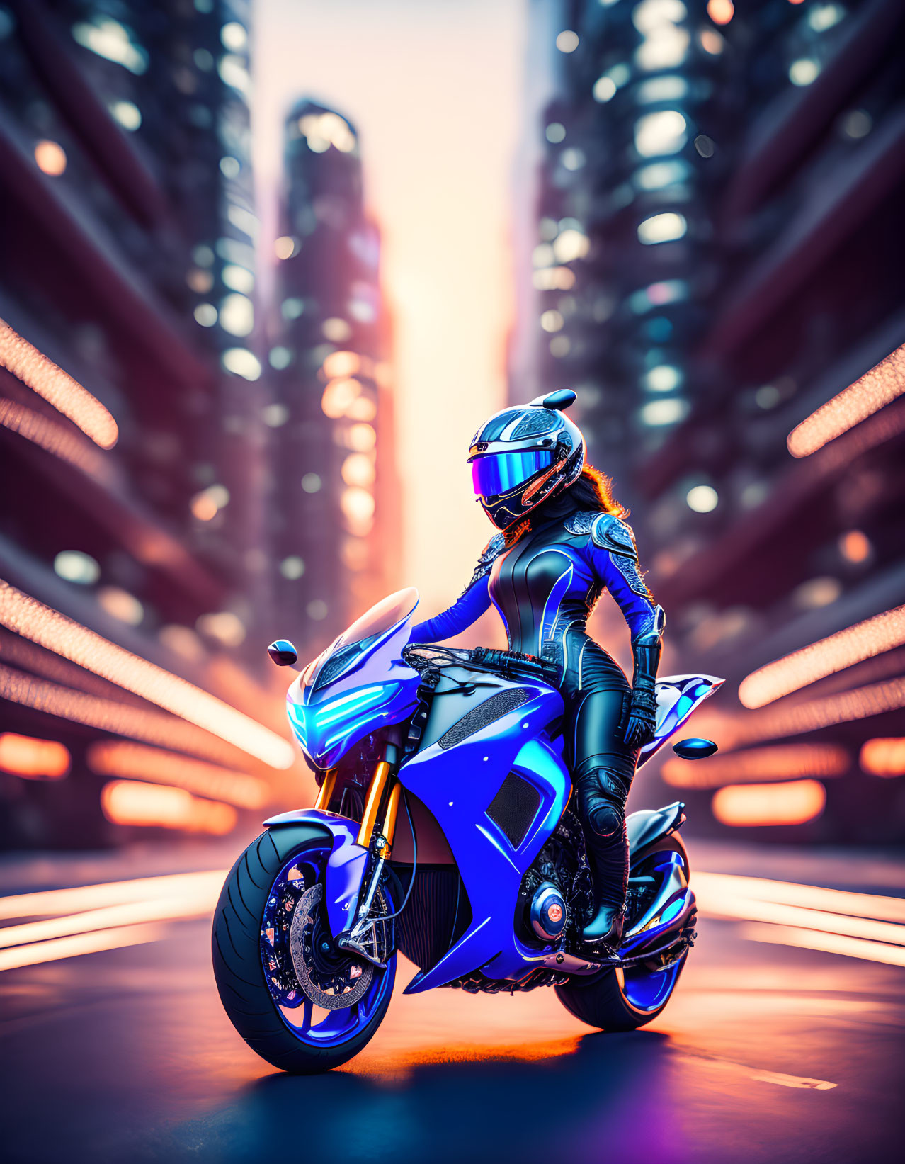 Futuristic motorcycle gear on blue bike in neon-lit cityscape