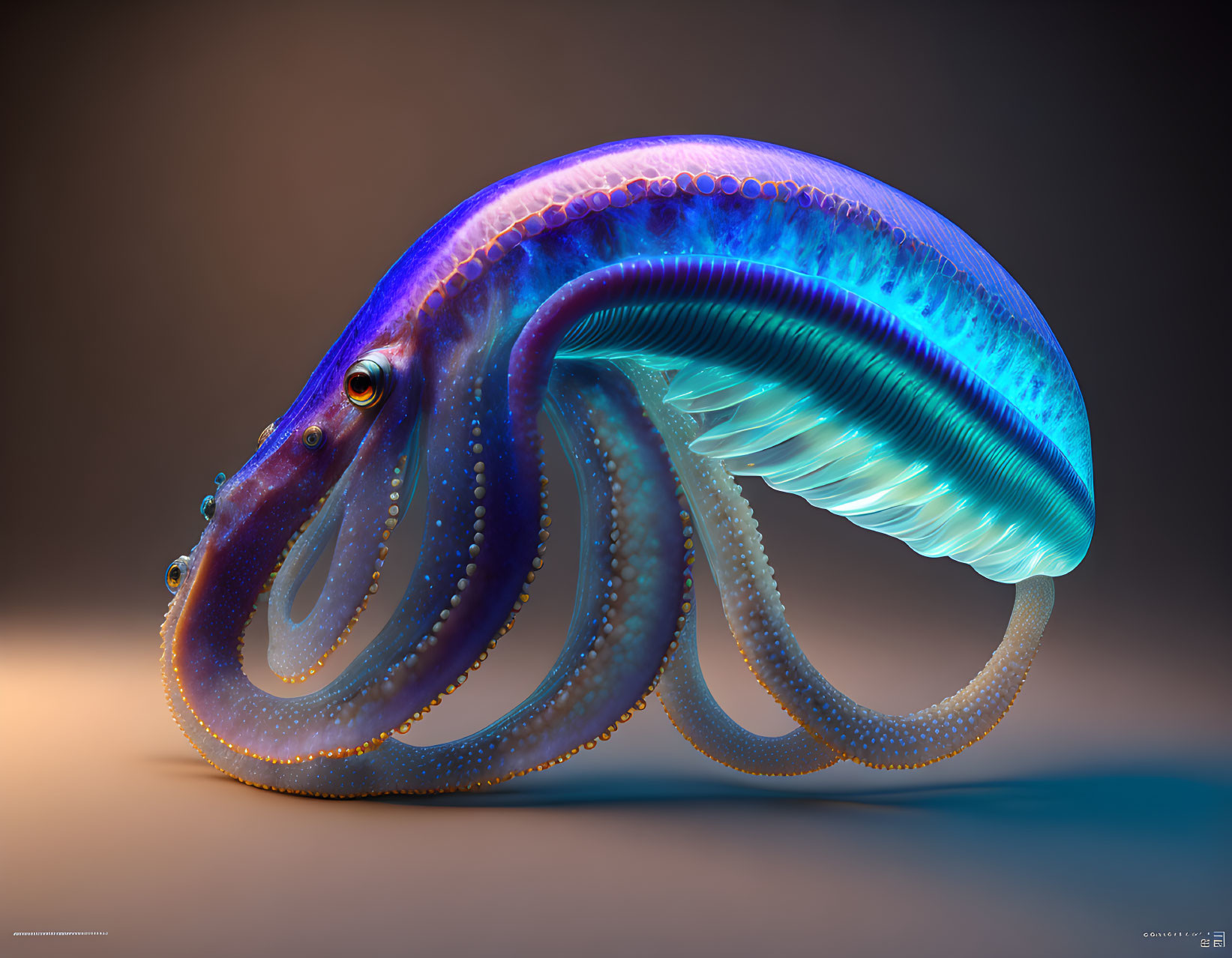 Iridescent octopus-like creature with intricate tentacles on soft-lit background