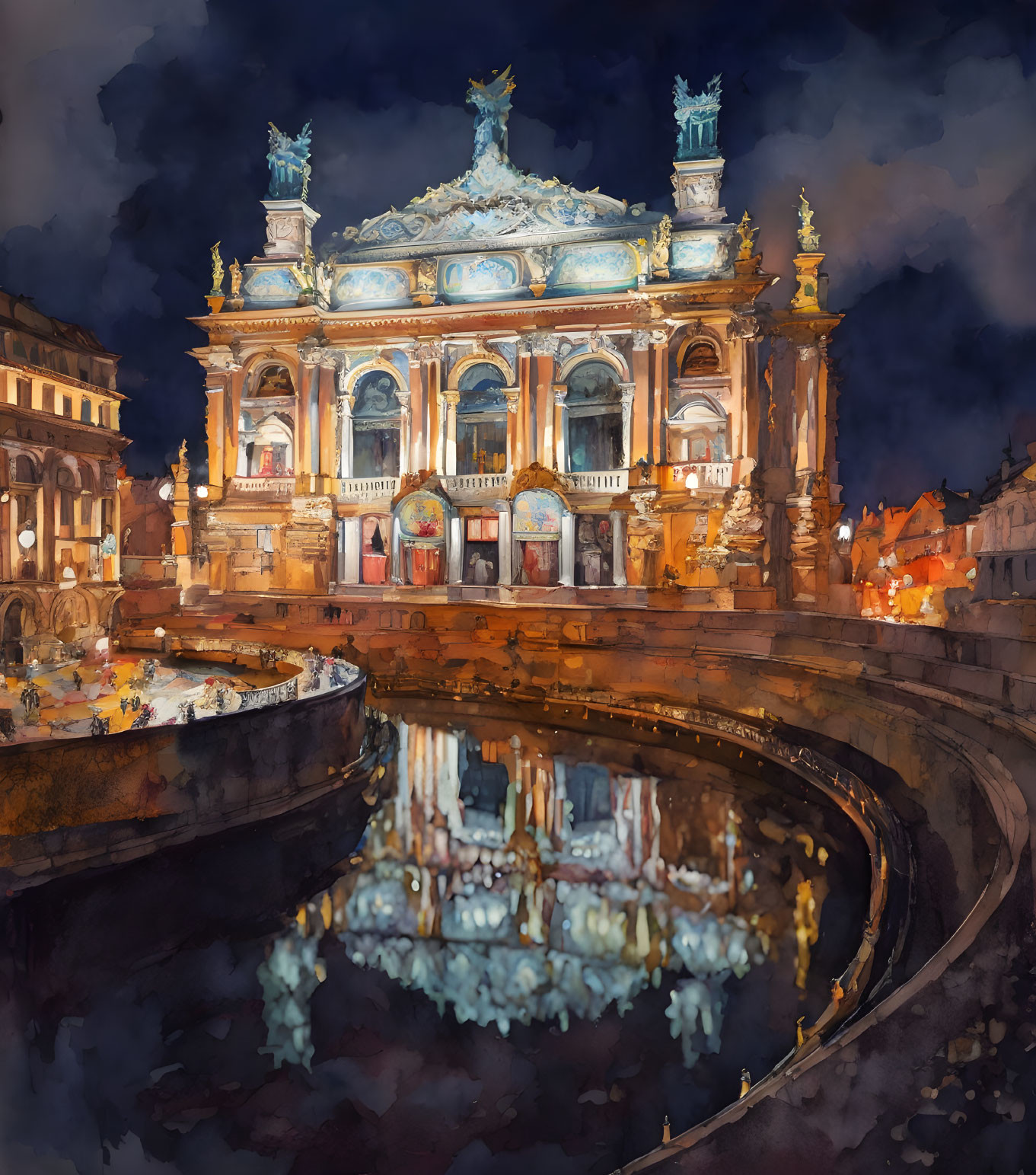 Opulent theater with classical architecture reflected in a canal at night