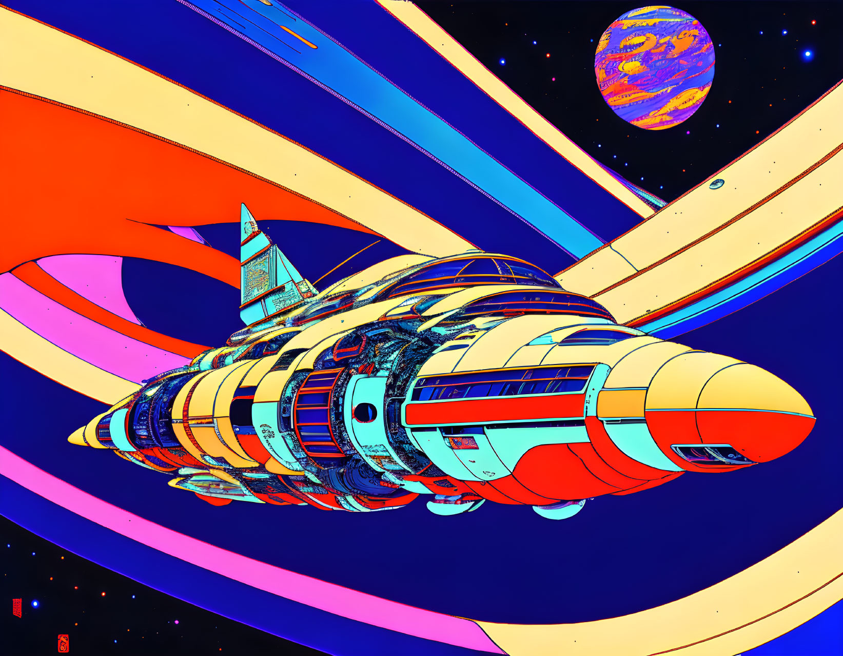 Colorful Psychedelic Spaceship Illustration Soaring Through Space