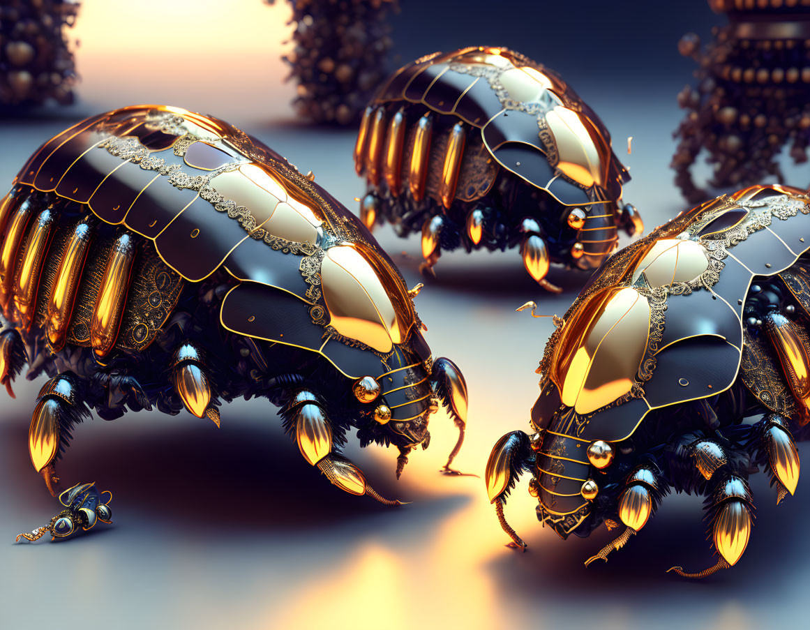 Ornate Golden and Dark Metallic Beetles in Fantasy Setting