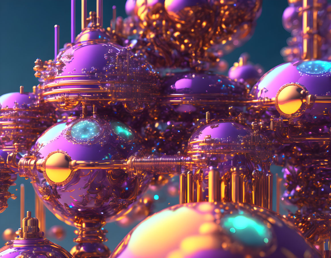 Detailed 3D rendering of metallic spheres in purple and gold hues