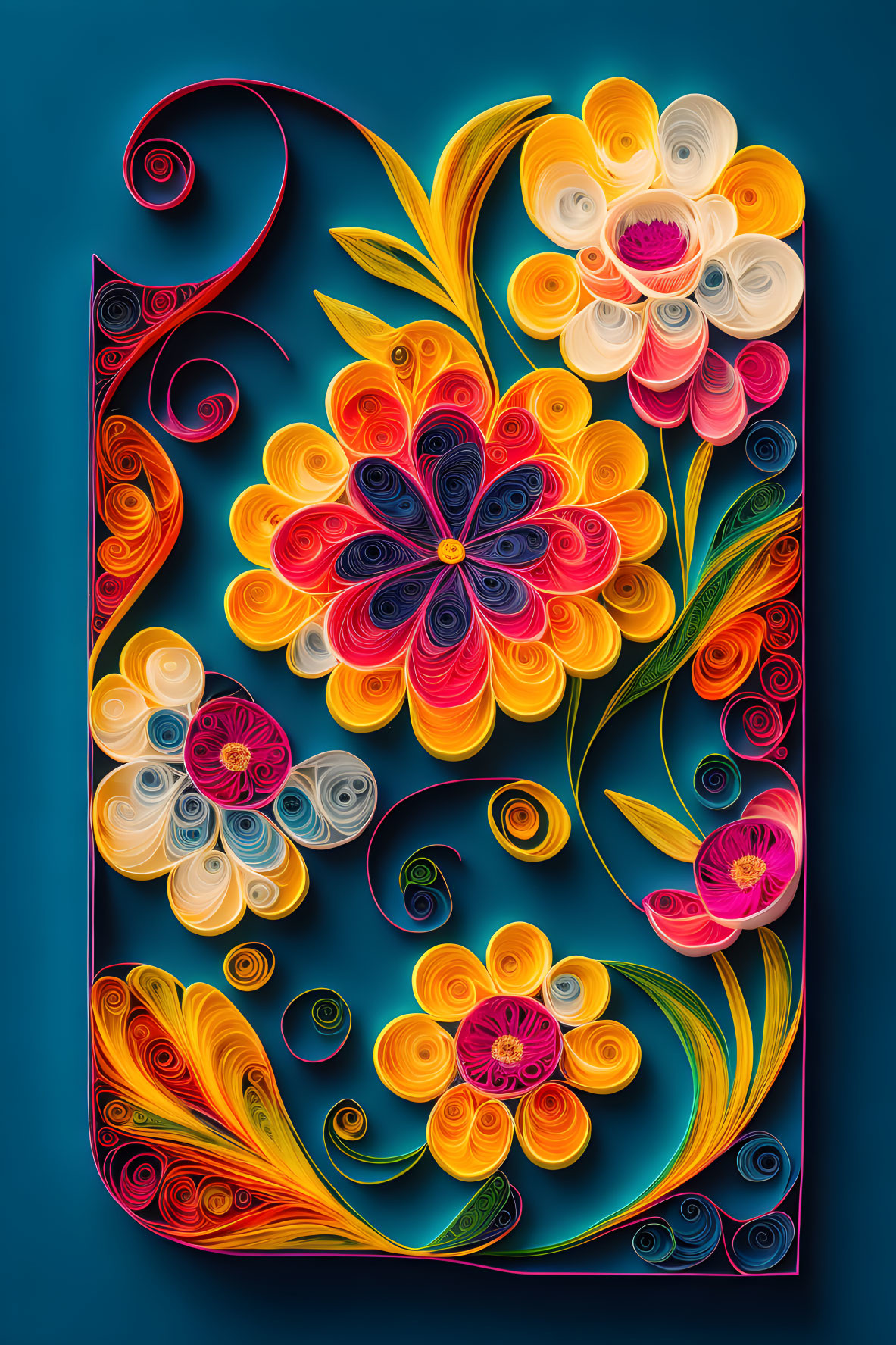 Colorful Paper Quilling Artwork with Floral Patterns on Dark Blue Background